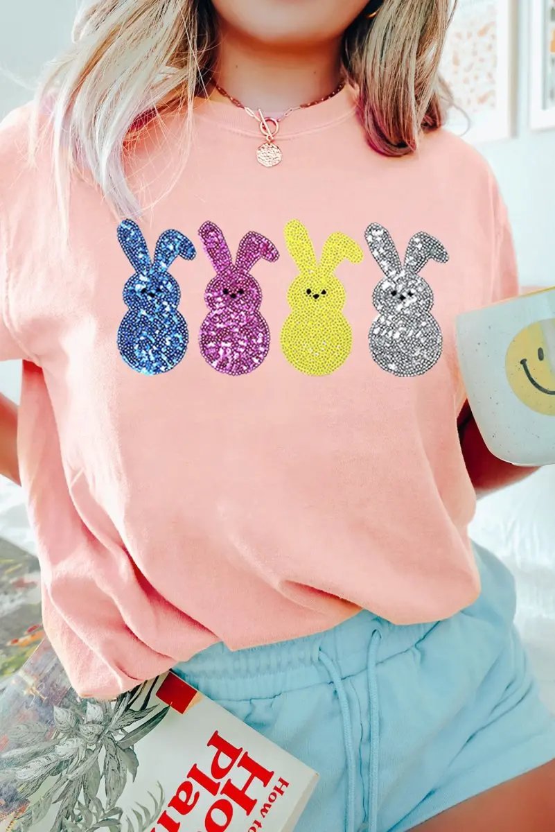 Pink Sequin Cute Bunny Graphic Easter Fashion Tee Shirt - Love Salve